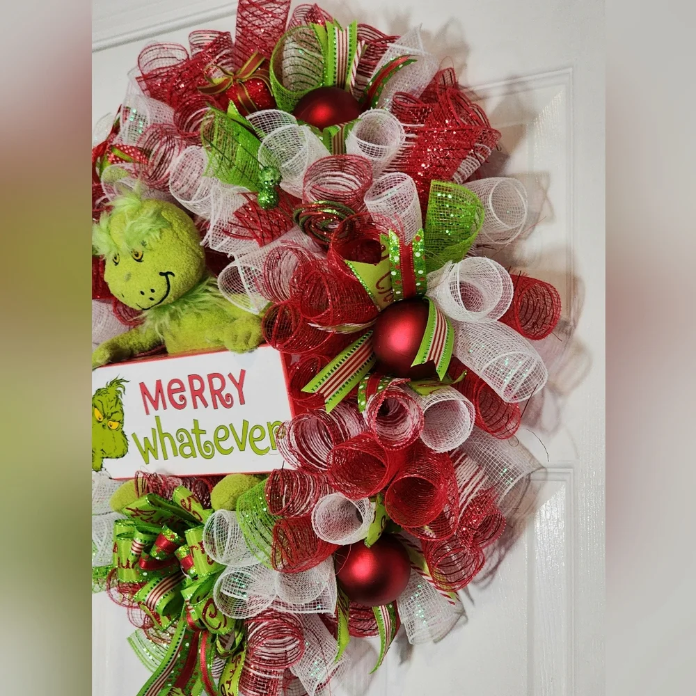 Festive GRINCH Holiday Christmas Wreath - Red, Green, White